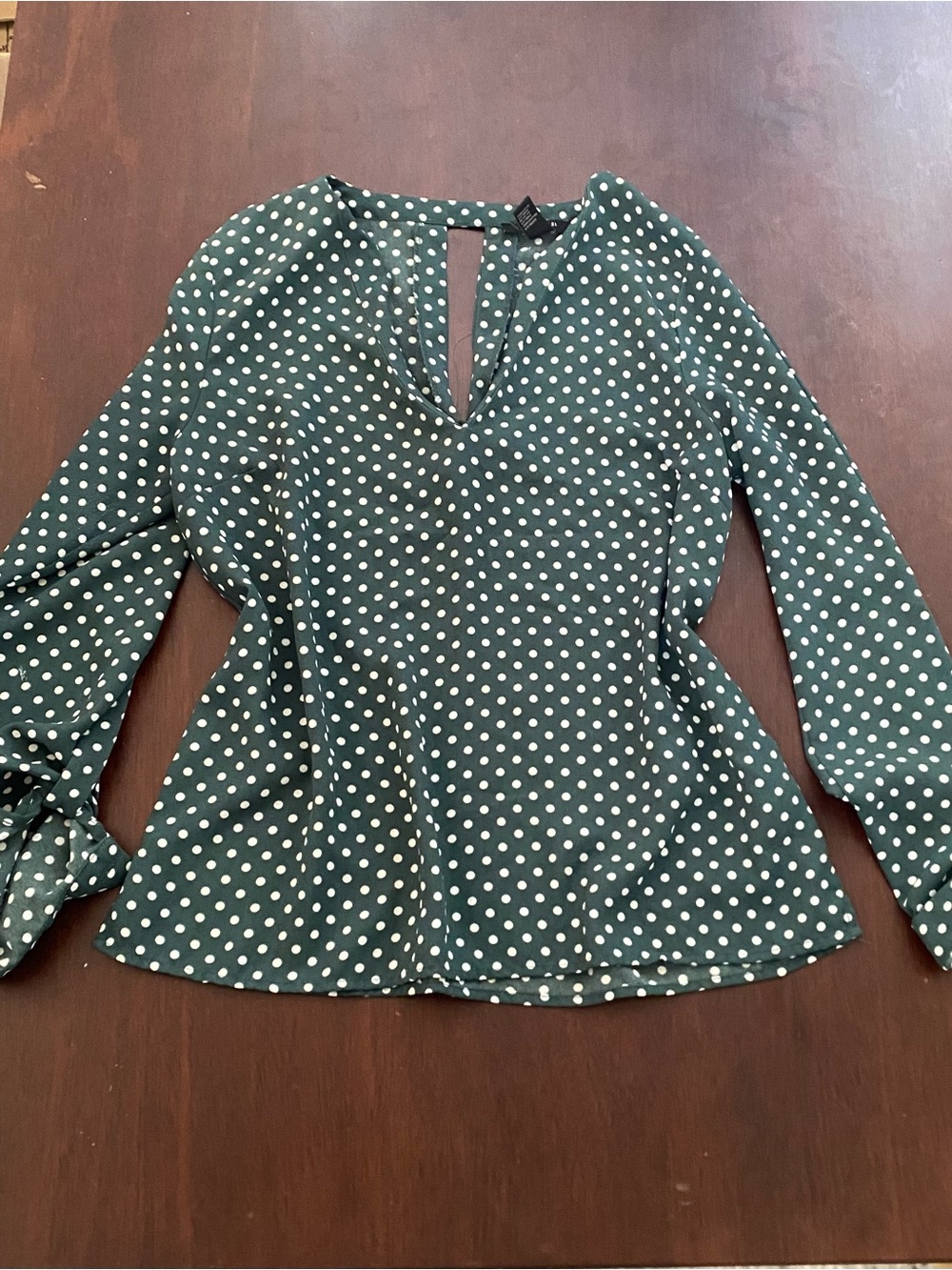 Forever 21 Green Polka Dot V-Neck Long Sleeve Blouse